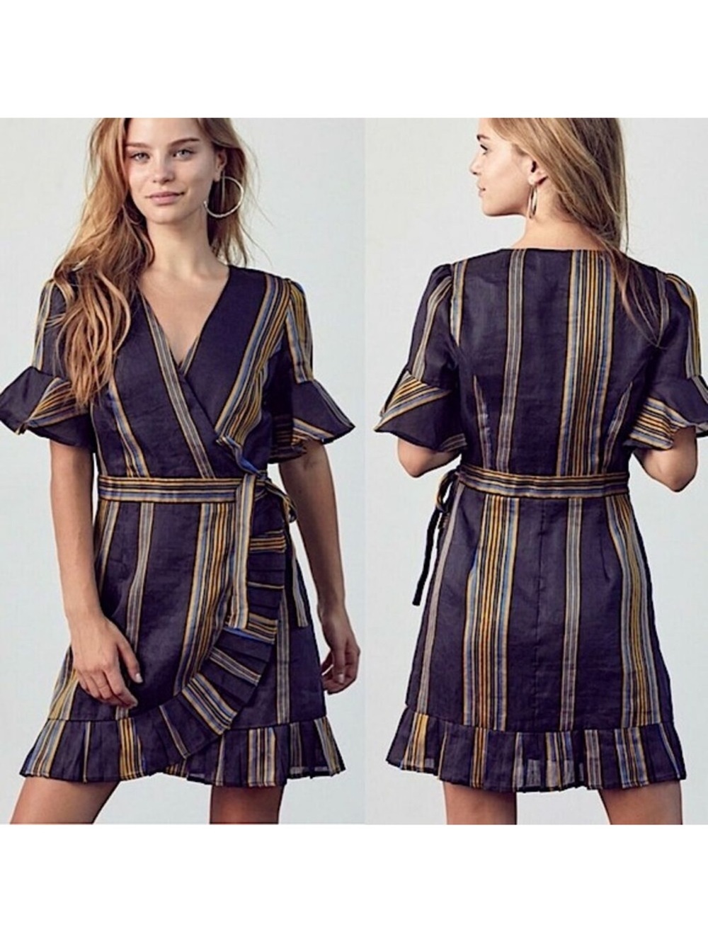 Striped Navy Wrap with Ruffle Trim Honey Punch linen blend mini dress